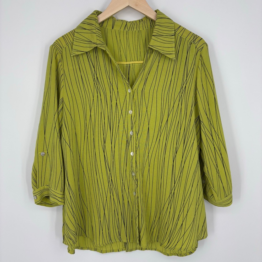 Fridaze 100% Linen Abstract Print Button Front Top Womens M Lime Green Shirt